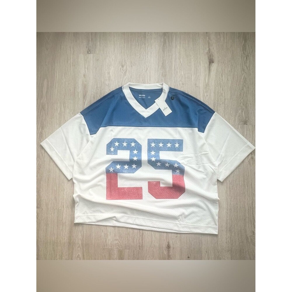 NWT Hollister American Flag Football Jersey Mens Large Red White Blue Baggy